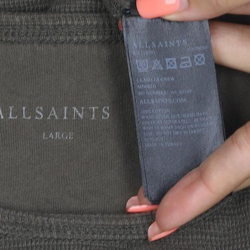 AllSaints Men's Green Large Waffle Knit Long Sleeve Crew Neck T-Shirt