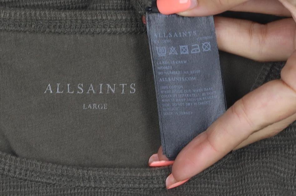 AllSaints Men's Green Large Waffle Knit Long Sleeve Crew Neck T-Shirt