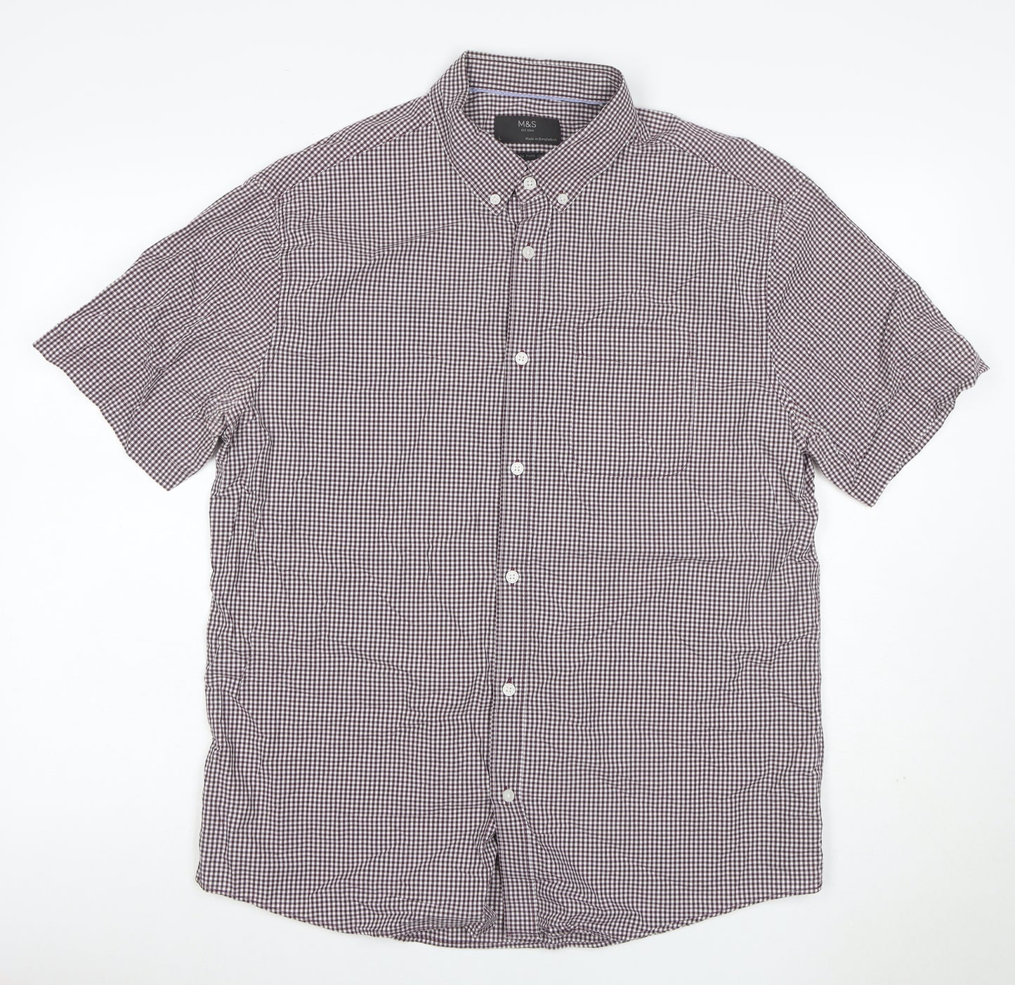Marks and Spencer Men's Red L Check Short Sleeve Button-Up Shirt