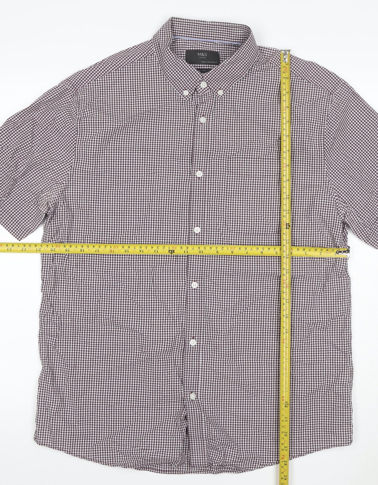 Marks and Spencer Men's Red L Check Short Sleeve Button-Up Shirt