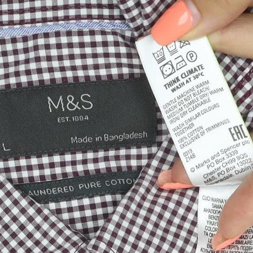 Marks and Spencer Men's Red L Check Short Sleeve Button-Up Shirt