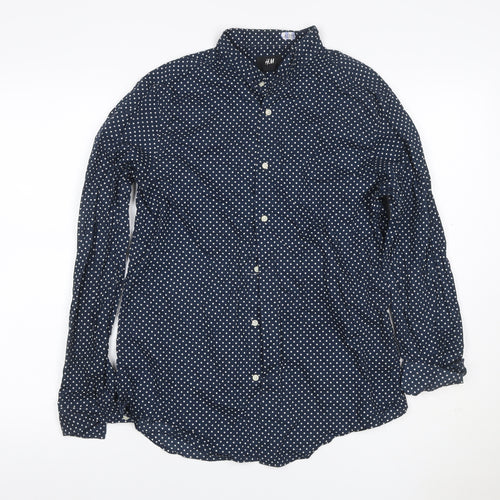 H&M Men’s Blue Polka Dot Regular Fit Cotton Button-Up Shirt S