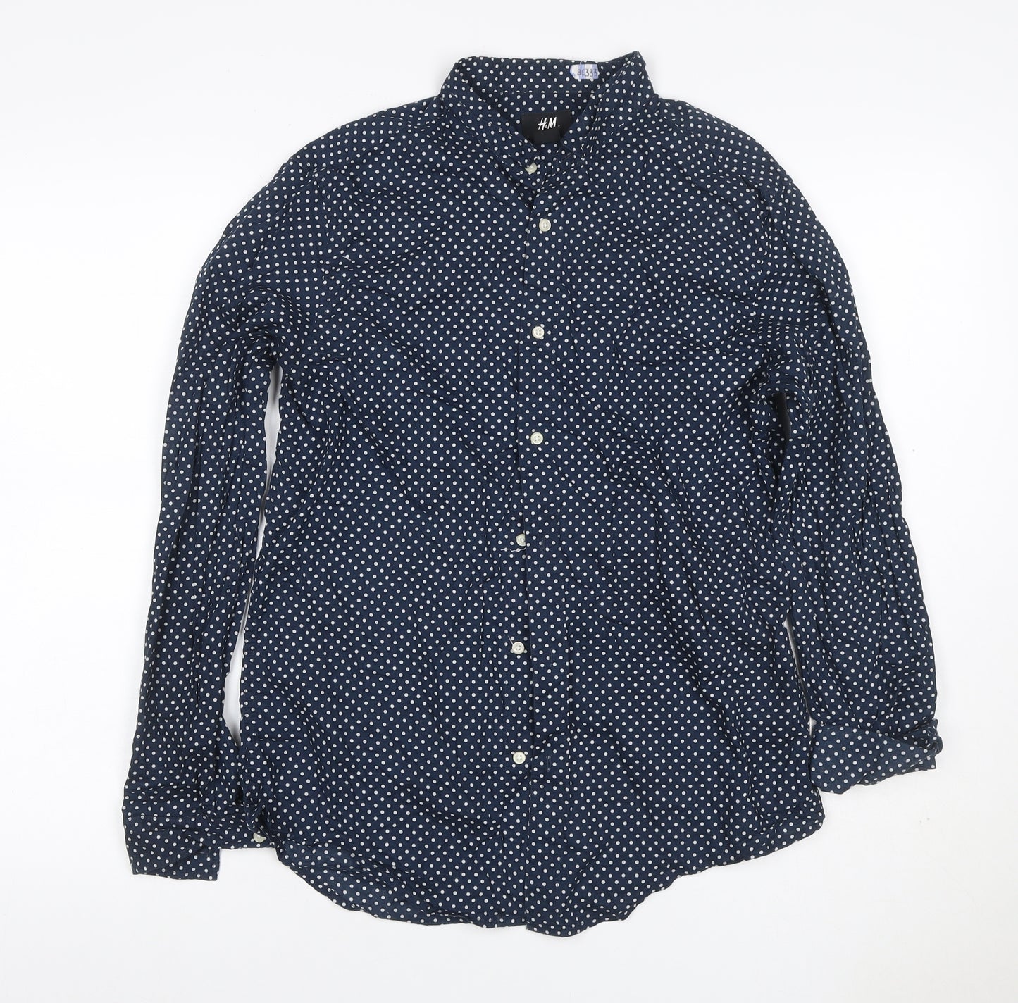 H&M Men’s Blue Polka Dot Regular Fit Cotton Button-Up Shirt S