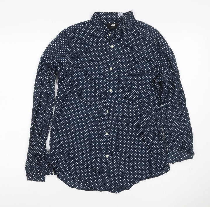 H&M Men’s Blue Polka Dot Regular Fit Cotton Button-Up Shirt S