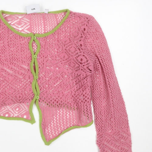 Daisy Street Women Pink Green Floral Crochet Cardigan UK 10 Long Sleeve