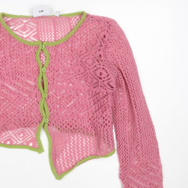 Daisy Street Women Pink Green Floral Crochet Cardigan UK 10 Long Sleeve