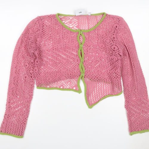 Daisy Street Women Pink Green Floral Crochet Cardigan UK 10 Long Sleeve