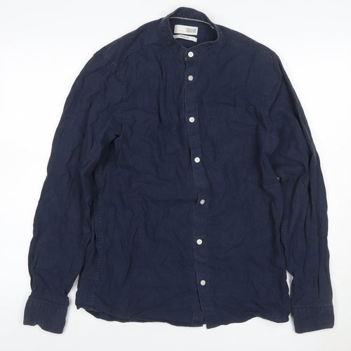 Regullar Men's Blue S Linen Blend Grandad Collar Long Sleeve Shirt