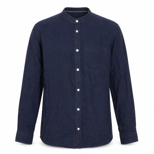 Front view of Regullar Men's Blue S Linen Blend Grandad Collar Long Sleeve Shirt