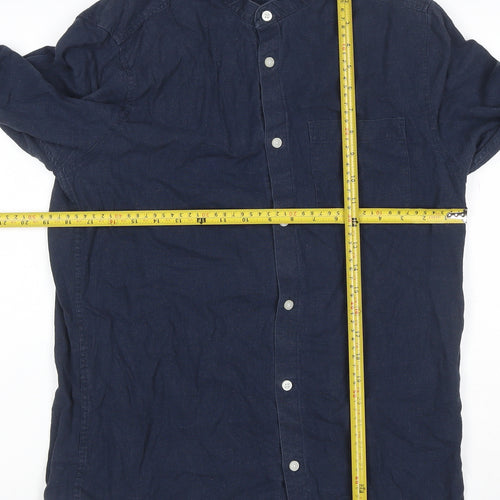 Regullar Men's Blue S Linen Blend Grandad Collar Long Sleeve Shirt