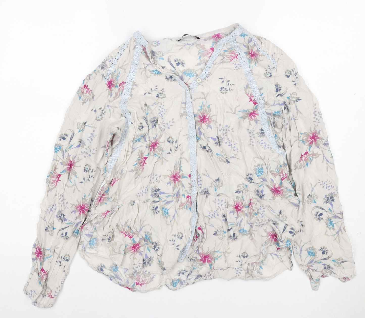 Per Una Women's Multicoloured UK 14 Floral Ruffle Chiffon Blouse