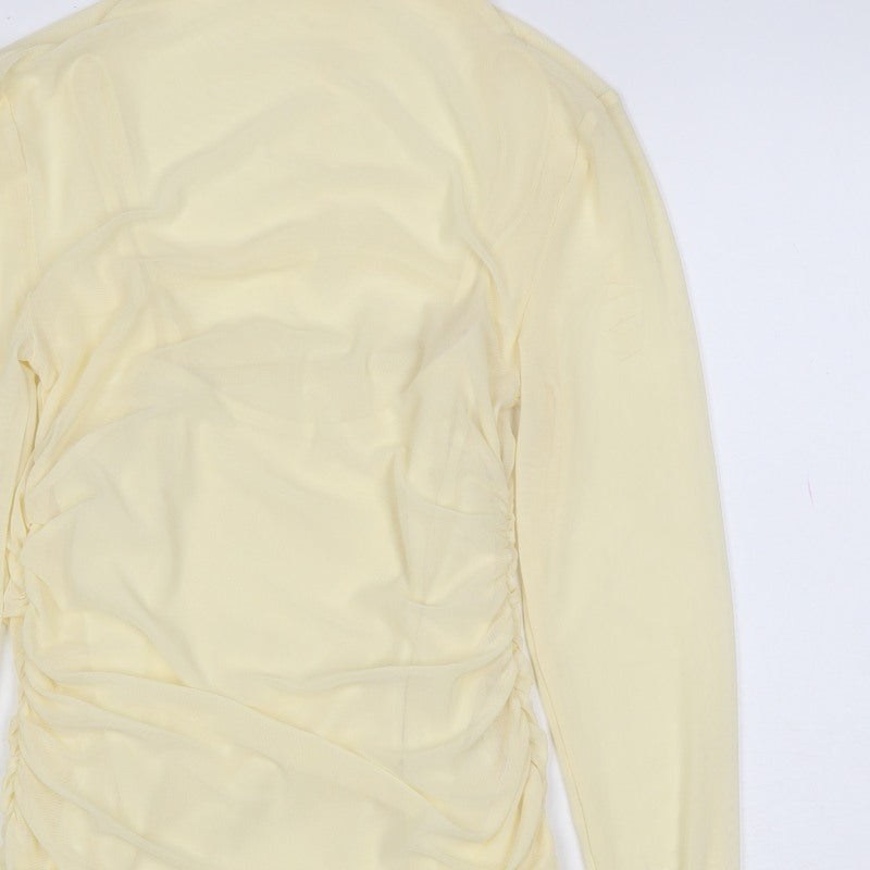 Pinko Women Yellow S Sheer Mesh Ruched High Neck Blouse