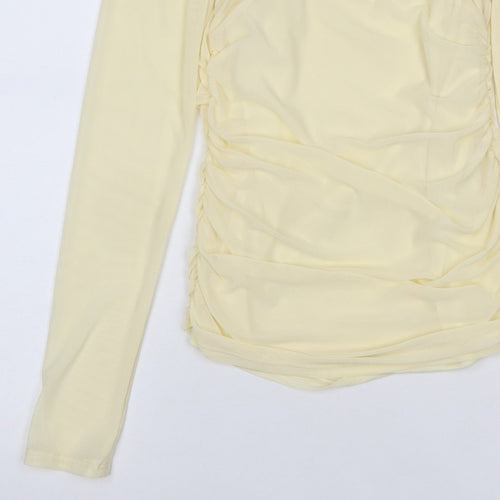 Pinko Women Yellow S Sheer Mesh Ruched High Neck Blouse