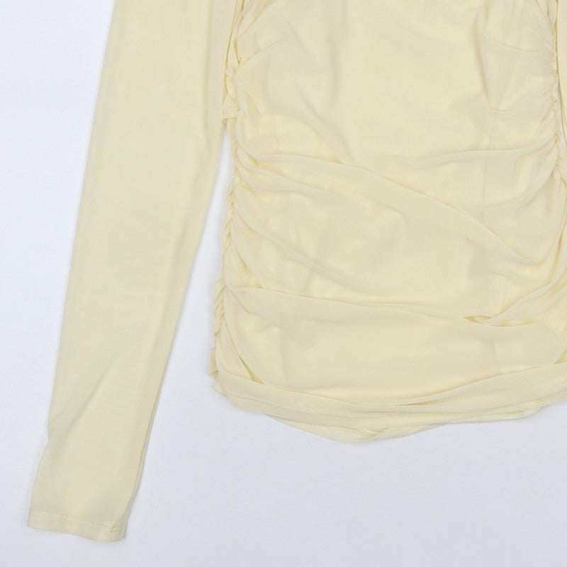 Pinko Women Yellow S Sheer Mesh Ruched High Neck Blouse