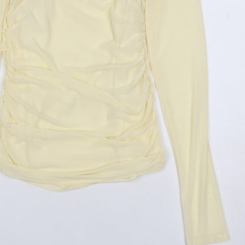 Pinko Women Yellow S Sheer Mesh Ruched High Neck Blouse