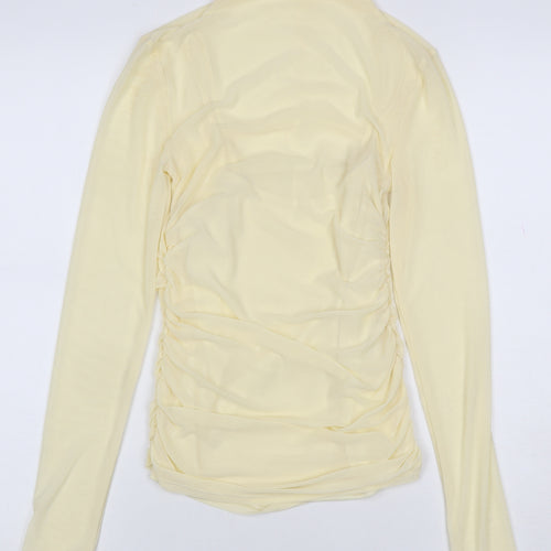 Pinko Women Yellow S Sheer Mesh Ruched High Neck Blouse