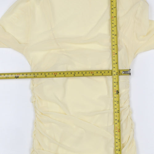 Pinko Women Yellow S Sheer Mesh Ruched High Neck Blouse