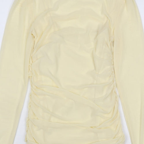 Pinko Women Yellow S Sheer Mesh Ruched High Neck Blouse