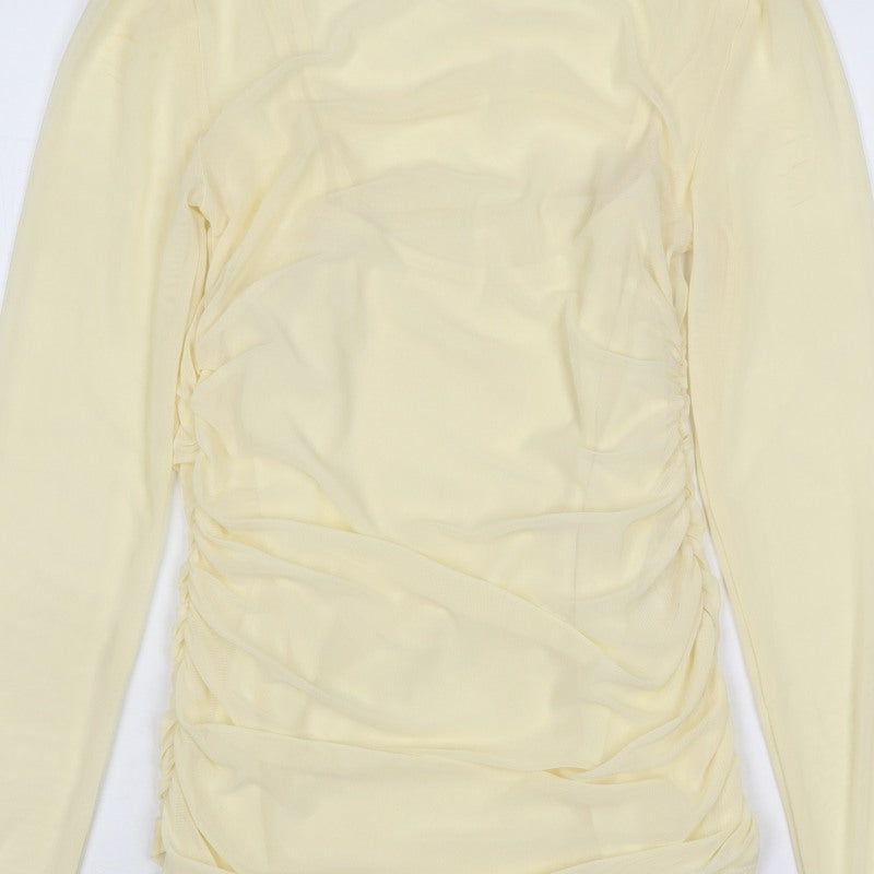 Pinko Women Yellow S Sheer Mesh Ruched High Neck Blouse