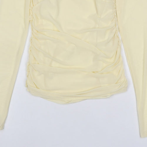 Pinko Women Yellow S Sheer Mesh Ruched High Neck Blouse