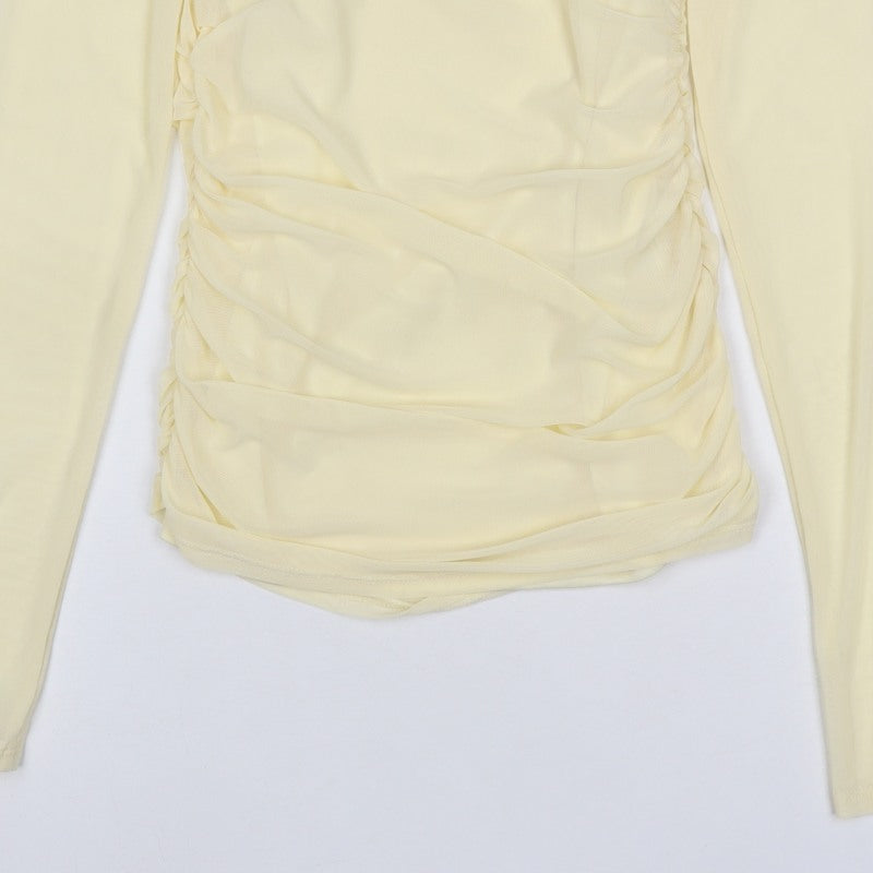 Pinko Women Yellow S Sheer Mesh Ruched High Neck Blouse