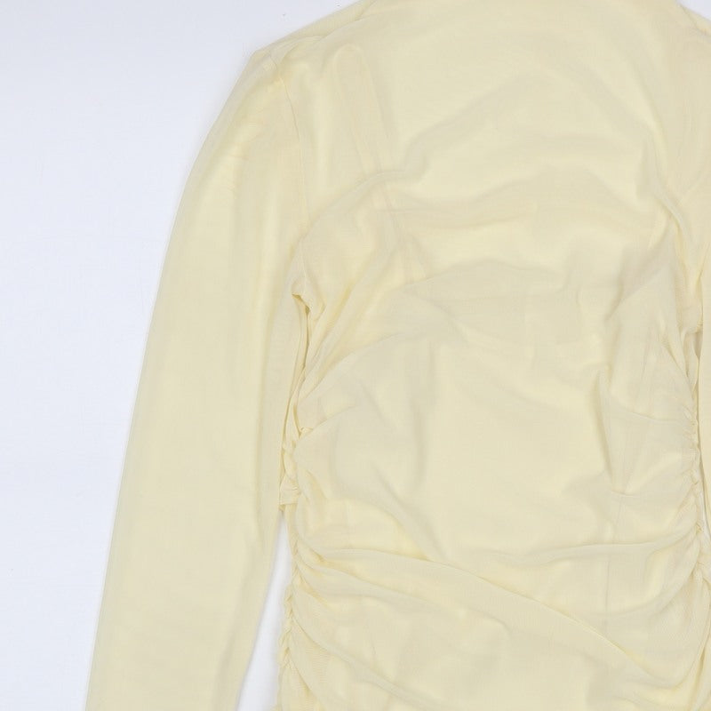 Pinko Women Yellow S Sheer Mesh Ruched High Neck Blouse