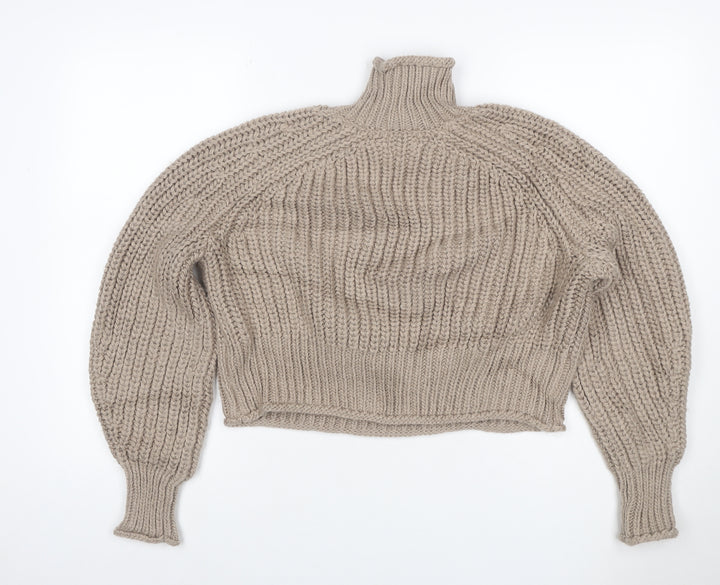 H&M Women Beige S Chunky Knit Roll Neck Raglan Jumper