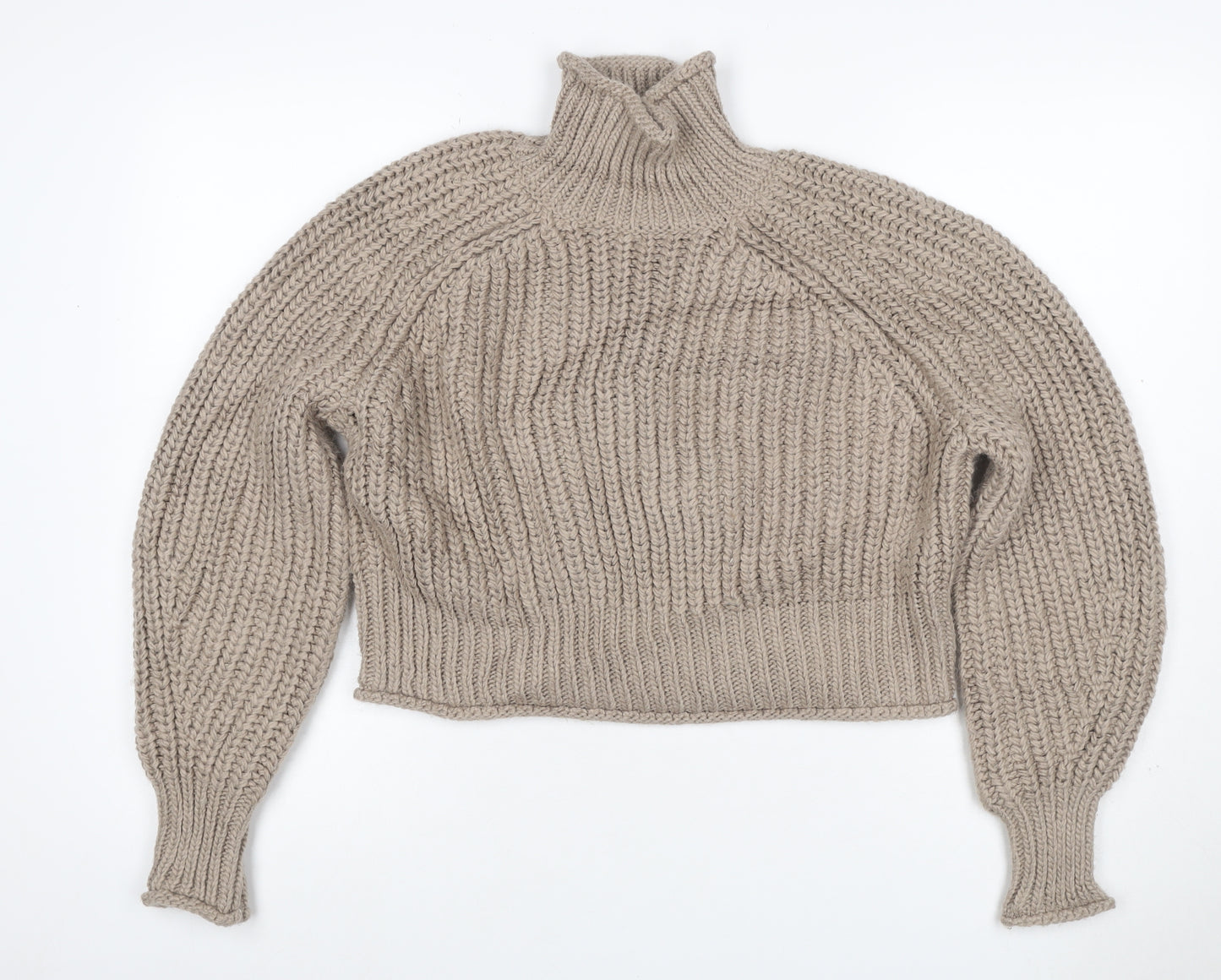 H&M Women Beige S Chunky Knit Roll Neck Raglan Jumper