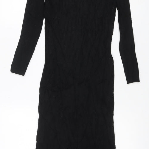 Guess Women’s Black UK 8 Rib Knit Roll Neck Jumper Dress Gold Buttons
