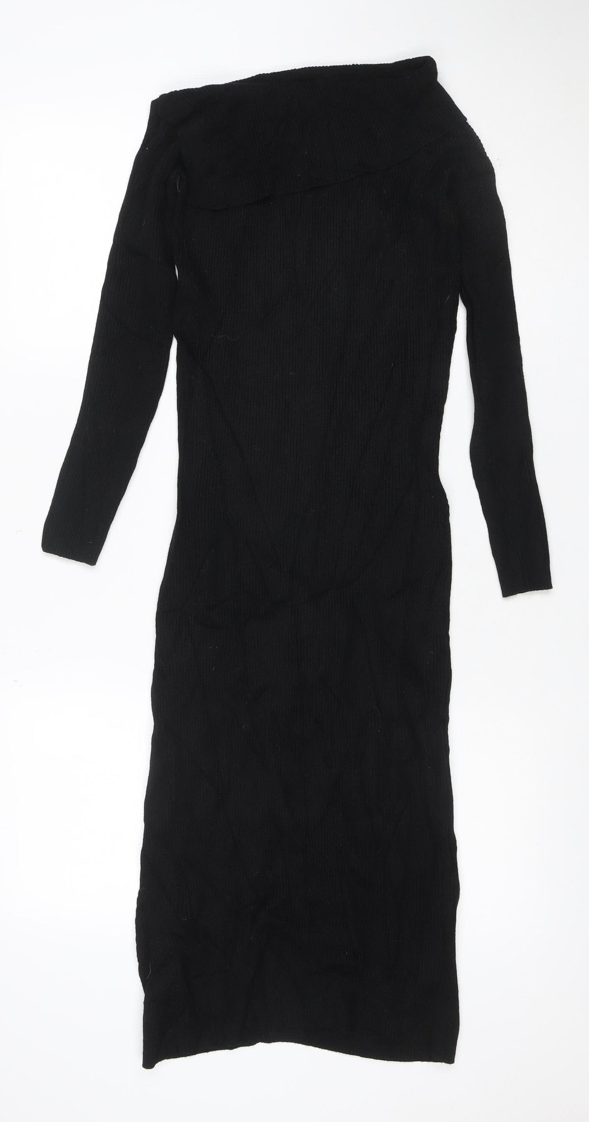 Guess Women’s Black UK 8 Rib Knit Roll Neck Jumper Dress Gold Buttons