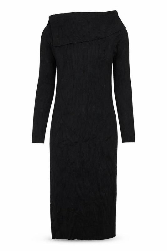 Front view of Guess Women’s Black UK 8 Rib Knit Roll Neck Jumper Dress Gold Buttons