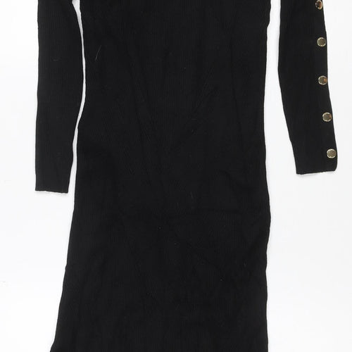 Guess Women’s Black UK 8 Rib Knit Roll Neck Jumper Dress Gold Buttons