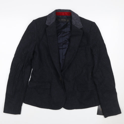 Zara Basic Women Blue M Tweed Wool Blend Single-Breasted Blazer