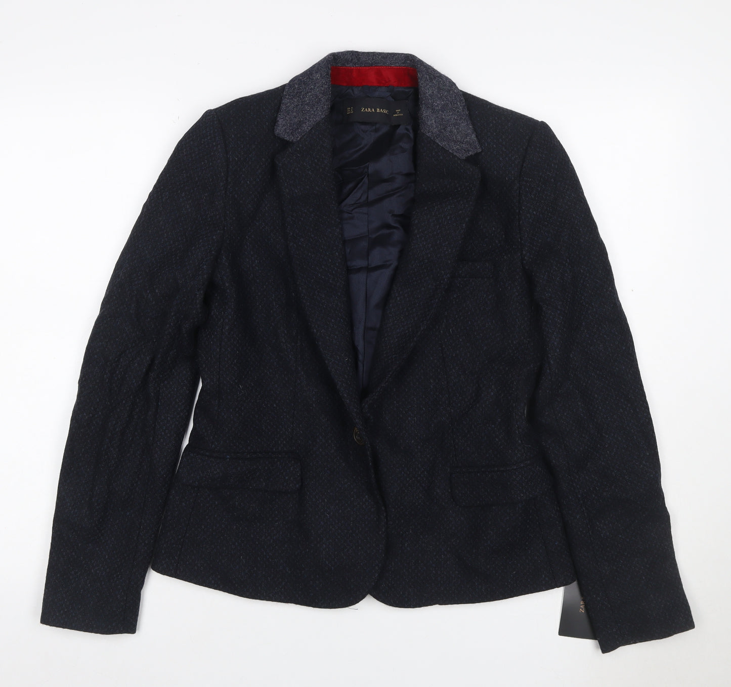 Zara Basic Women Blue M Tweed Wool Blend Single-Breasted Blazer