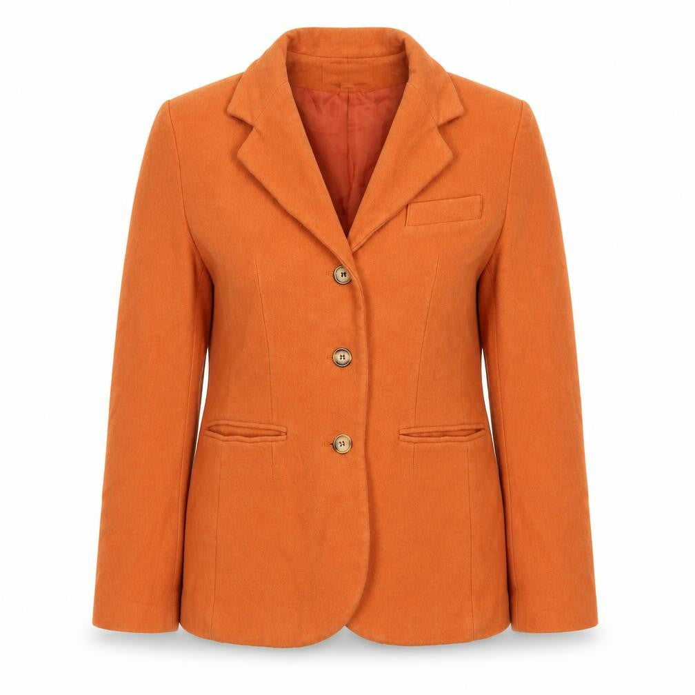 Front view of Laurene M Women Orange Wool Blend Blazer UK 14 Single-Breasted