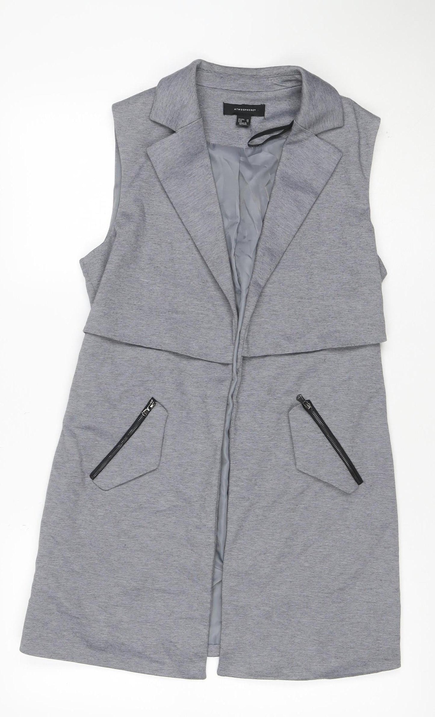 Atmosphere Women Grey Size 10 Long Sleeveless Zip Pocket Waistcoat