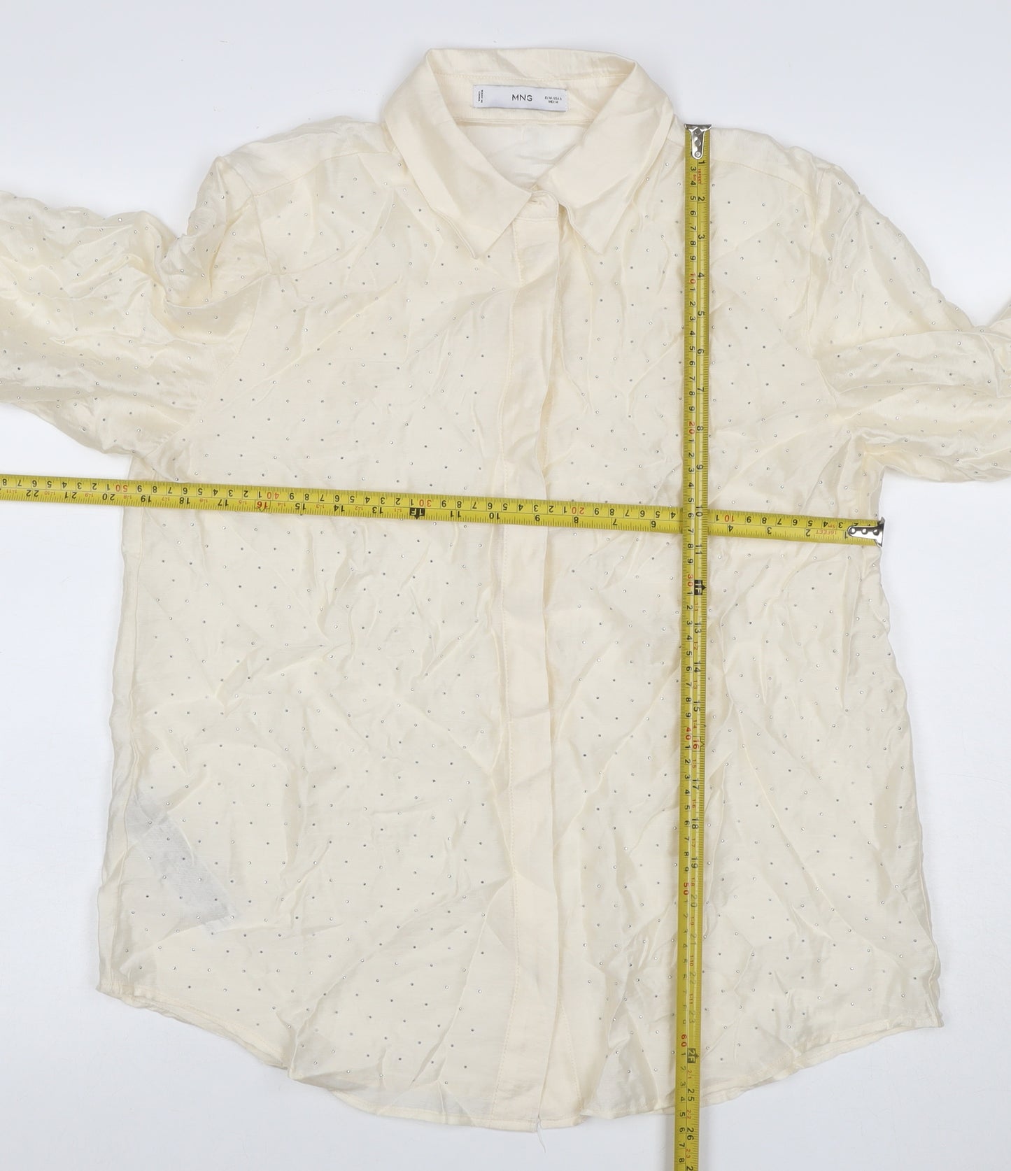 Mango Women Ivory M Sheer Chiffon Embellished Long Sleeve Suit Top