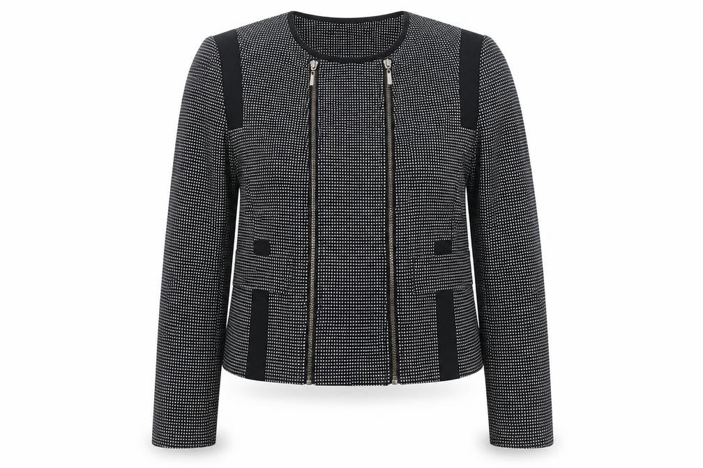 Front view of Next Women Black White Geometric Zip Cropped Jacket UK 14 Lined