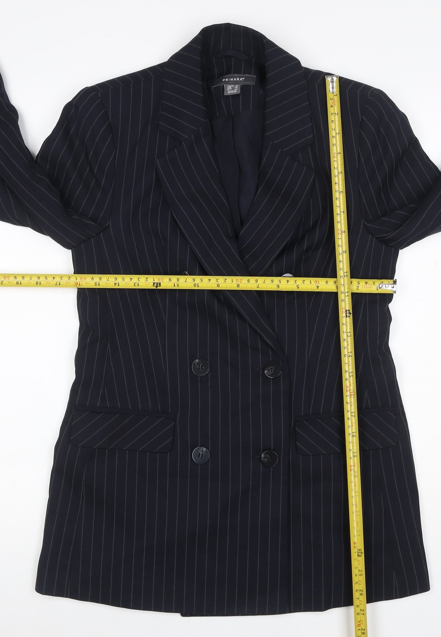 Primark Women Black Pinstripe UK 8 Double-Breasted Peak Lapel Blazer