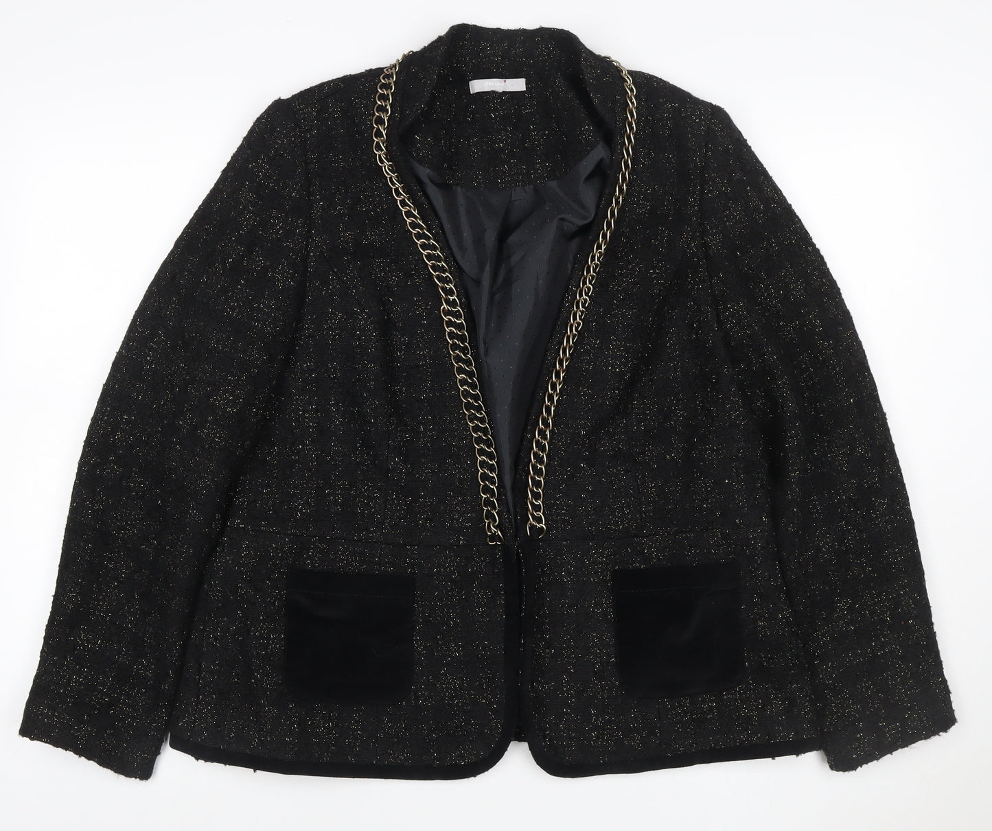 Per Una Women Black UK 18 Bouclé Gold Chain Trim Lined Blazer Jacket