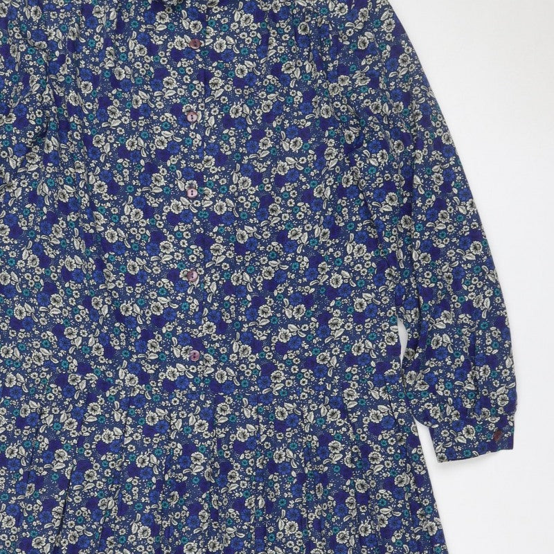 Eastex Women’s Blue Floral Midi Shirt Dress UK 14 Vintage Long Sleeve