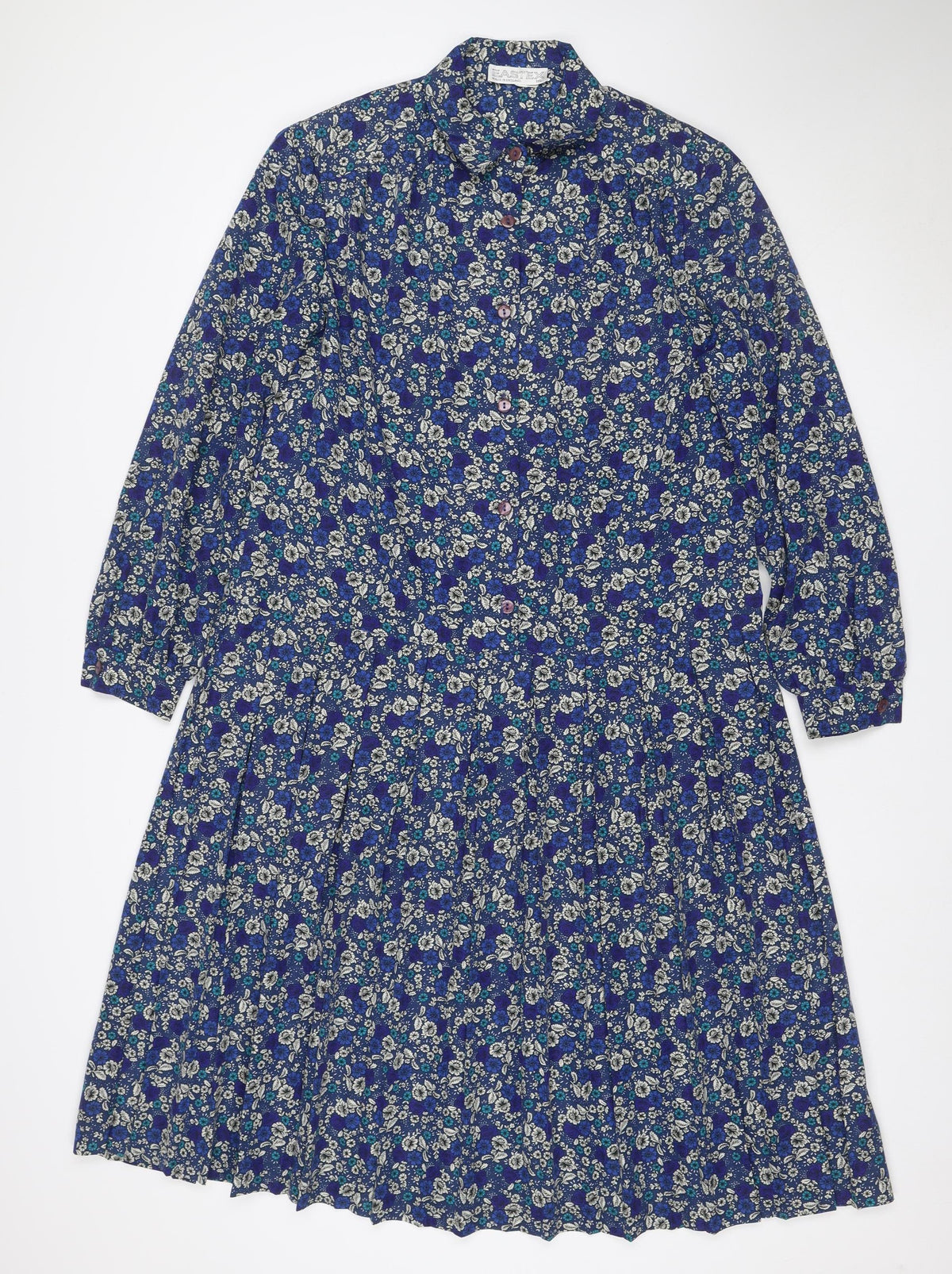 Eastex Women’s Blue Floral Midi Shirt Dress UK 14 Vintage Long Sleeve