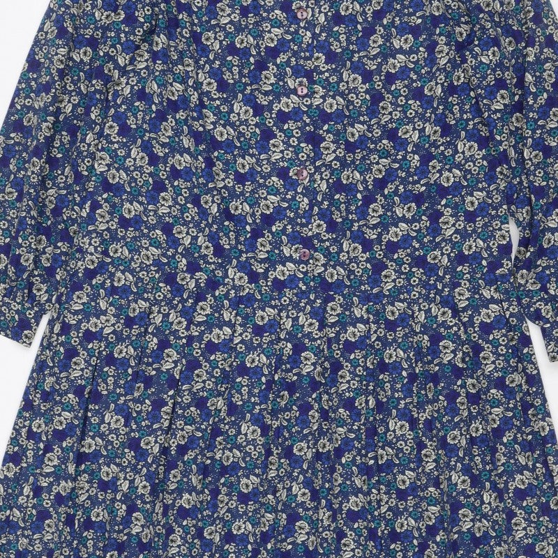 Eastex Women’s Blue Floral Midi Shirt Dress UK 14 Vintage Long Sleeve