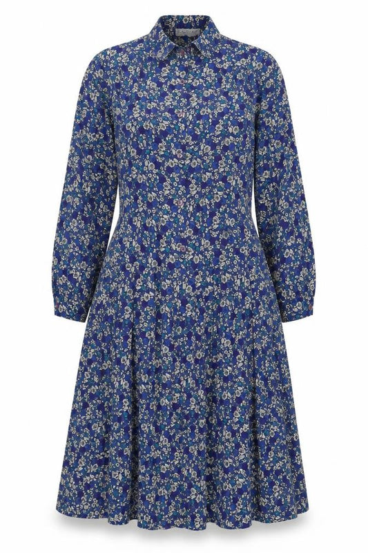 Front view of Eastex Women’s Blue Floral Midi Shirt Dress UK 14 Vintage Long Sleeve