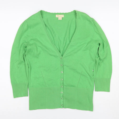 Monsoon Women Green UK 12 V-Neck Cotton Puff Sleeve Cardigan