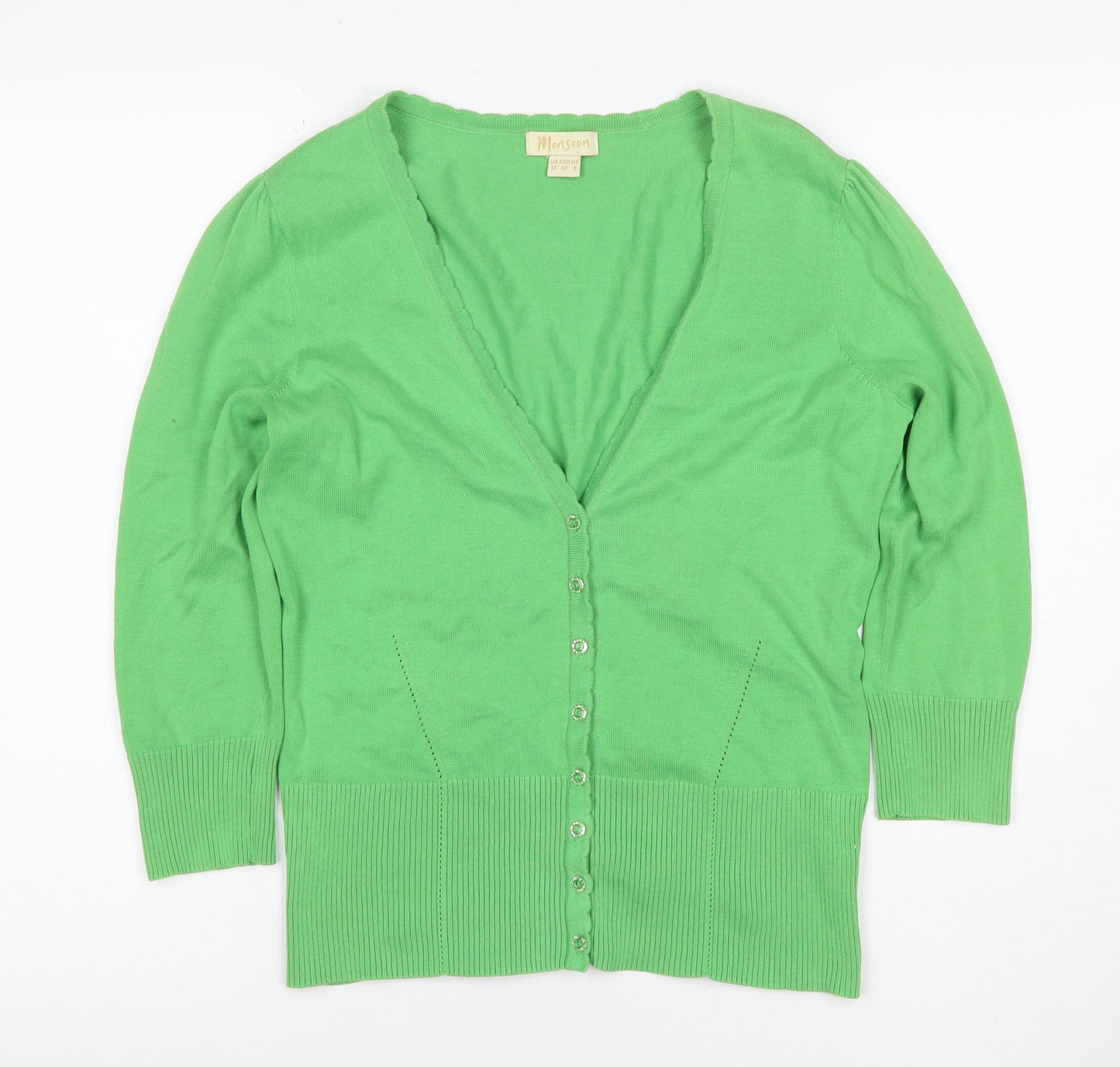 Monsoon Women Green UK 12 V-Neck Cotton Puff Sleeve Cardigan