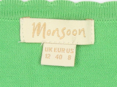 Monsoon Women Green UK 12 V-Neck Cotton Puff Sleeve Cardigan