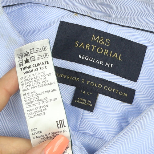 Marks and Spencer Men's Blue 16.5 Regular Fit Herringbone Cotton Shirt