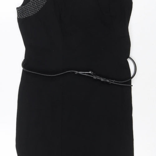 Pepperberry Women’s Black Grey Size 12 Fit & Flare Belted Knee Dress