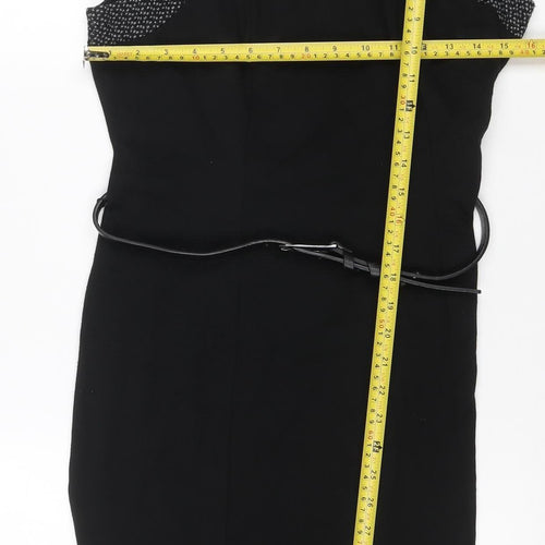 Pepperberry Women’s Black Grey Size 12 Fit & Flare Belted Knee Dress
